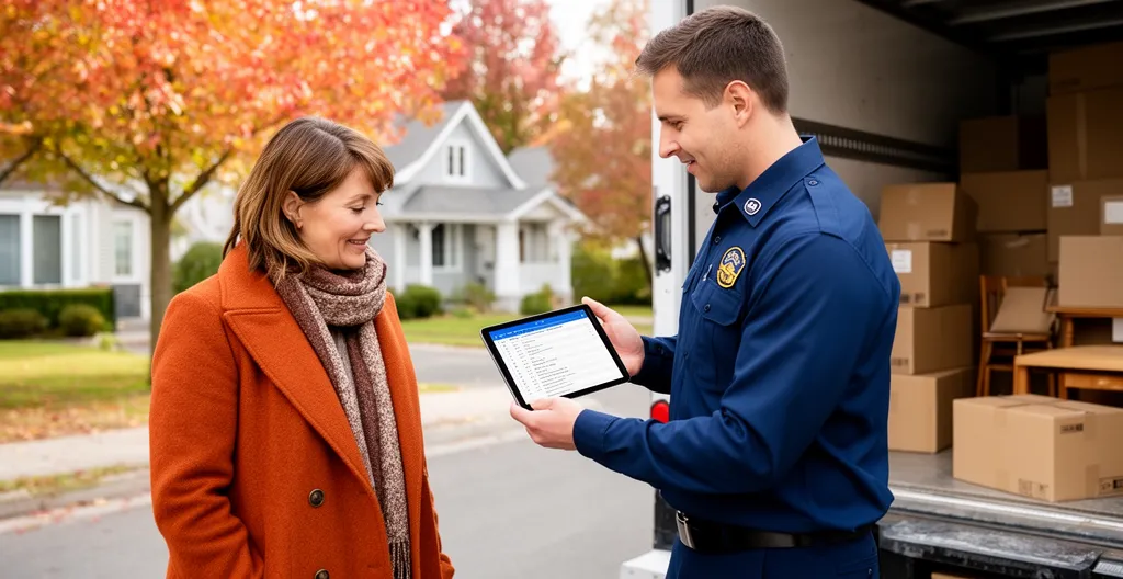 Cliente discutant avec un déménageur professionnel devant un camion de déménagement