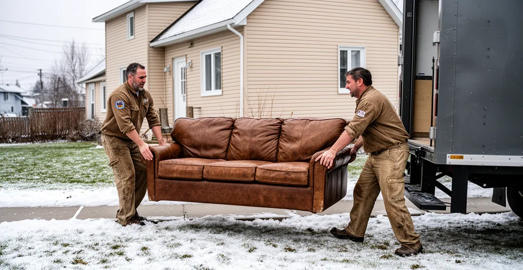 Déménageurs professionnels transportant un canapé vers un camion devant une maison résidentielle québécoise