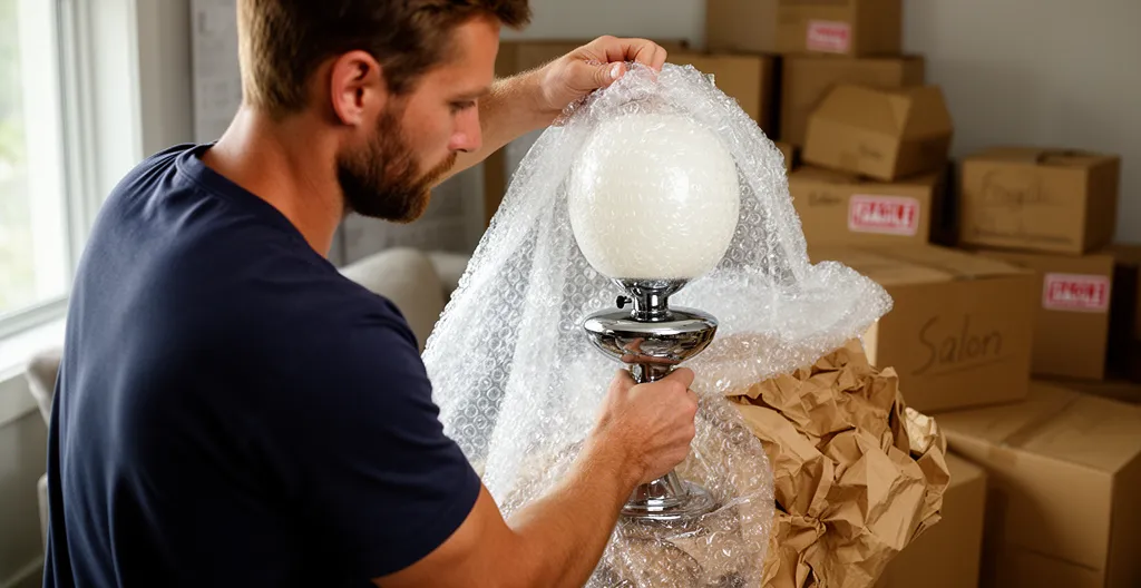 Déménageur professionnel emballant soigneusement un objet fragile avec matériaux de protection