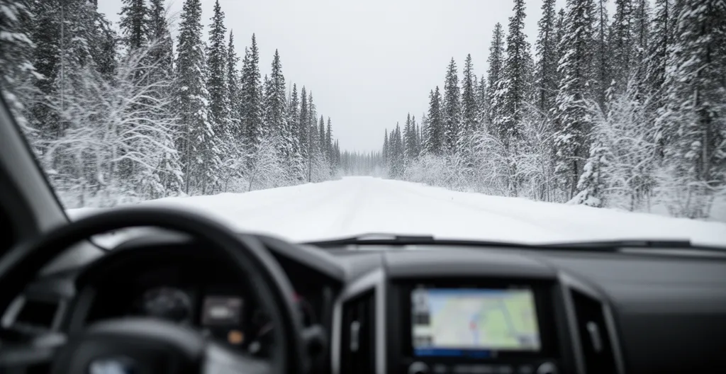 Route nordique enneigée isolée au Canada, conditions hivernales sur le corridor Labrador-Québec